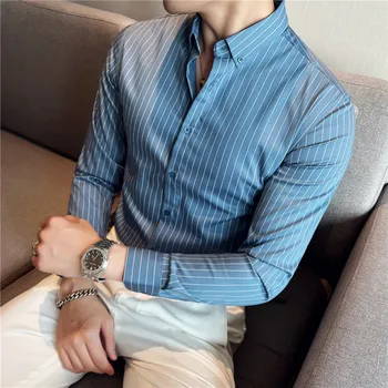 2022 Plus Veľkosť S-3XL kórejský Dlhý Rukáv Pruhované Tričká Mužov Oblečenie Jednoduché Slim Fit Business Bežné Kancelárske Blúzka Homme Hot Predaj