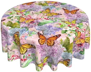 Motýľ Obrus 60in Jar Akvarel Ružová Kvetinová Dekoratívne Okrúhly obrus s protiprachová Vráskam pre Domáce