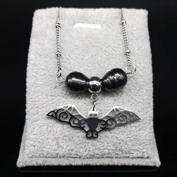 Móda Goth Bat Sladkovodné Perly z Nehrdzavejúcej Ocele Náhrdelník pre Ženy, Strieborná Farba Náhrdelníky & Prívesky, Šperky bisuteria N20118