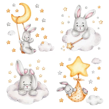Cartoon Bunny Mesiac a Hviezdy Samolepky na Stenu pre Deti Izba Detská Izba Dekorácie Zvieratá Stenu Dievčatá Chlapci Spálňa Tapety