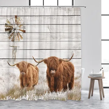 Highland Krava Sprchový Záves Statku Chôdza Zvierat Dreveným Plotom veterný Mlyn Texas Dobytka Západné Krajiny, Kúpeľňa Dekor s Hákom