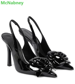 Čierny Kvet Dizajn Luxusné Dizajnér Čerpadlá Pre Ženy Ženy Slingback Zadný Popruh Tenké Vysokým Podpätkom Ukázal Prst Sexy Módne Topánky