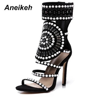 Aneikeh Sandále Ženy Móda Otvorené Prst Drahokamu Dizajn Vysokým Podpätkom Sandále Crystal Členok Zábal Lesk Diamond Gladiator Sandále