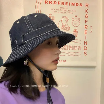 Japonský Denim Modrá Unisex Vedierko Hat Retro Šitie Bežné Pár Streetwear Jeseň Klobúk Rybár Gorros