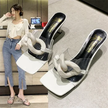 Sandále a papuče na vonkajšie nosenie 2022summer nové módne stiletto priehľadný kryštál vysoké podpätky kórejský štýl flip-flop ženy