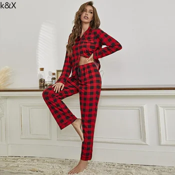 2022 Jeseň Žien Sleepwear 2 Kus oblečenie pre voľný čas Červená Kockované Nohavice Obleky Pletené Dlhý Rukáv Pyžamá pre Ženy Noc Nosenie Pajama