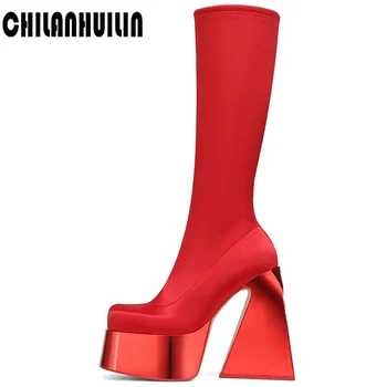 punk štýl jeseň zimné topánky elastické ponožky saténové topánky žena, topánky na vysokom opätku black red hrubé platformu kolená vysoké topánky žena