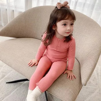 Dieťa Dievča Rebrovaný Pyžamo Sady Princezná Dieťa Batoľa Deti Sleepwear Bavlna Baby Kombinézu Domov Vyhovovali 2 KS Oblečenie 1-10Y