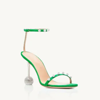 2022 V Lete Dizajnér Drahokamu Úzke Pásmo Zelená Sandále Svadobné Ženy, Luxusné Vysokým Podpätkom Otvorené Prst Crystal Strany Spoločenské Topánky