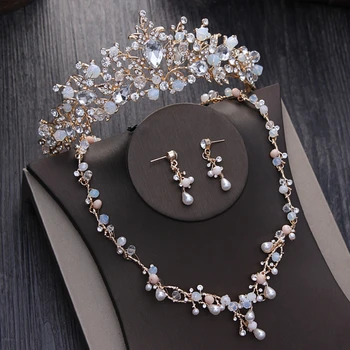 Ušľachtilý Crystal Korálky, Perly Svadobné Šperky Sady Drahokamu Sprievod Diadem Tiaras Náhrdelníky Náušnice Koruny Svadobné Šperky Set Dubaj