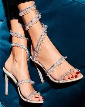 Elegantné Drahokamu Vysoké Podpätky Sandále Ženy Biele\Ružová\Fialová Členok Popruh Kvety Crystal Sandál Lete Luxusné Svadobné Topánky