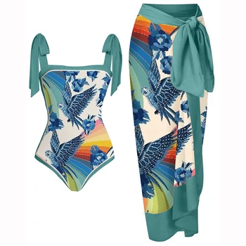 Plavky Ženy 2022 Modrá jednodielne Plavky a Sukne Móda Tlačené Bikiny Push Up plavky Žena Letné plážové oblečenie Slim