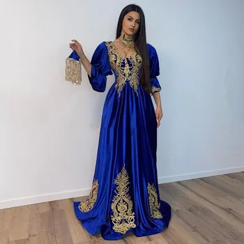 Laxsesu Kráľovská Modrá Maroko Kaftane Večerné Šaty Zlato Appliques Velúrové Lístkového Rukáv Prom Šaty 2022 Dubaj Nevesta Šaty De Fiesta