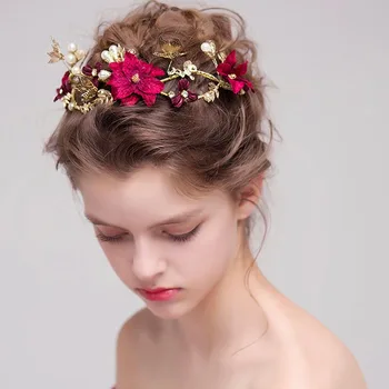 Červený Kvet Svadobné Tiara Hairband Zlatá Farba Crystal Pearl Hlavový Most Ženy Headpiece Svadobné Koruny Nevesta Vlasy, Šperky, Doplnky