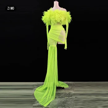 2022 neon zelená oka šaty, sexy špagety popruh Vidieť-cez Odnímateľný s chvost strán, svadby, narodeniny oblečenie pre ženy fáze