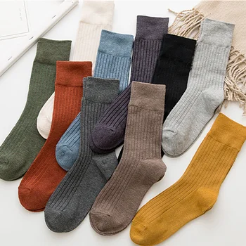 Jar, Jeseň Bavlna Medium Trubice Ponožky dámske Pletenie Retro jednofarebné Ponožky Jednoduché Módy Japonský Všetky Veľkosti Voľné Pančuchy