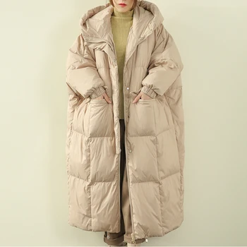 Kórejský Pevné Farby s Kapucňou Dole Kabát Žien Zvýšiť Voľné 90% Biele Kačacie Nadol Dlho Nadol Bunda Zimné dámske Oblečenie Kabát