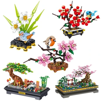 Mini Stavebné Bloky, Kvet, Vták Črepníkové Domáce Dekorácie Diy Tvorivé Rastlina, Kvet Model Puzzle Zmontované detské Hračky Darček