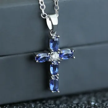 Nový Kríž v Tvare Prívesok Náhrdelník Darček k Narodeninám Vysoko Kvalitné Dámske Šperky Kolík Nastavenie Modrá CZ Módne Accessary