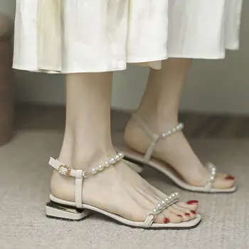 Sandále dámske letné nové módne dámske sandále 2022 topánky jedno slovo, pracka pearl sandále transparentné, otvorené prst sandále sexy