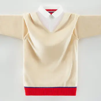 Chlapci teplý sveter detský pletený sveter 4-15 rokov detí pulóver falošné 2-dielna zimné golier na košeli sveter 3 farby 1