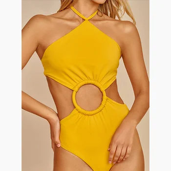 Móda Jednofarebné Plavky S Uväzovaním Za Odpojenie Bikini Jeden Kus Backless Sexy Slim Elegantné Plavky String Popruh Plaviek Push Up 2022 1