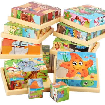 3D Kocky Drevené Skladačky Puzzle Detí Šesť-stranný Dreva Blok poleno Deti Montessori Vzdelávania, Vzdelávacie Hračky, Zábavné Hry 2
