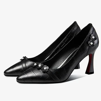 Ženy Klasické Vysoko Kvalitné Európskej Štýlový Reálnom Kožené Čierne Vysoké Päty Topánky Lady Roztomilý Pohodlie Čerpadlá Sapatos Femininas E335 5