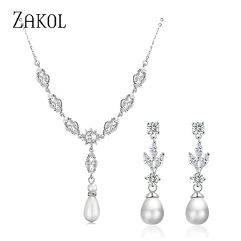 ZAKOL Luxusný Pearl Svadobné Šperky Sady pre Ženy Móda Cubic Zirconia Náušnice, Náhrdelník Svadobných Doplnkov SP3367